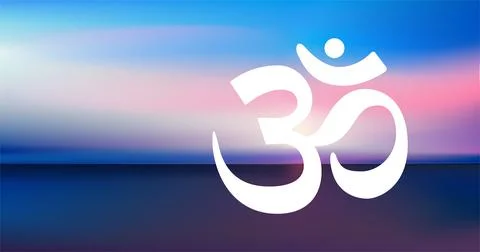 Vector abstract aerial panoramic view of sunrise over ocean with chakra om ic Stock Illustration