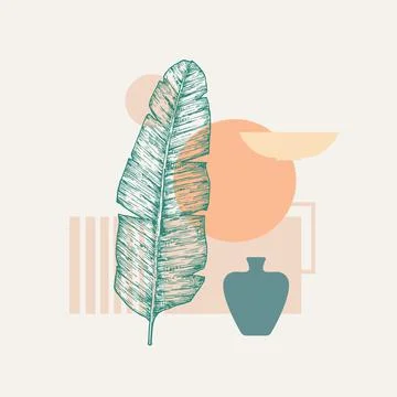 Vector Abstract Background Decorative Layout. Hand Drawn Palm Leaf, Vase with Stock Illustration