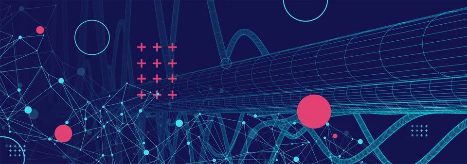 Vector abstract background with a wireframe dynamic pipes, line and particles Stock Illustration