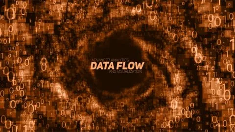 Vector abstract big data visualization. Orange glowing data flow as binary nu Stock Illustration