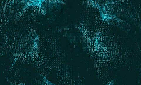 Vector abstract big data visualization. Cyan glowing data flow as binary numb Stock Illustration