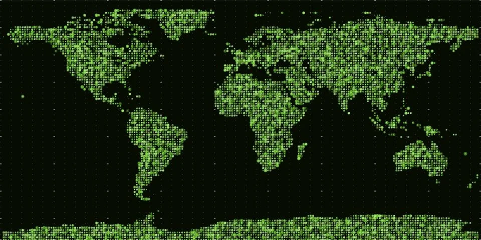 Vector abstract binary world map. Continents constructed from green binary nu Stock Illustration