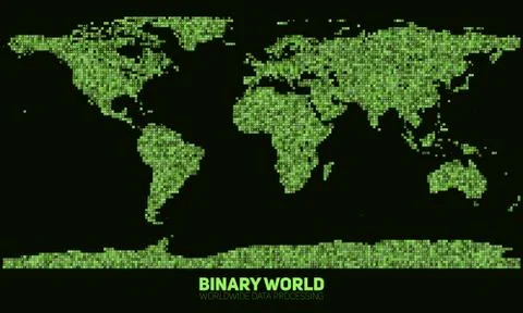Vector abstract binary world map. Continents constructed from green binary nu Stock Illustration