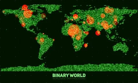 Vector abstract binary world map. Continents constructed from green binary nu Stock Illustration
