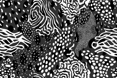 Vector abstract black and white spots, curved lines and dots background Stock Illustration