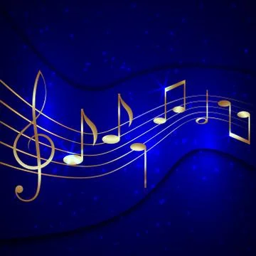Vector abstract blue musical background with golden notes stave and treble clef Stock Illustration