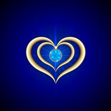 Vector abstract bright blue background with golden hearts and gemstone Stock Illustration