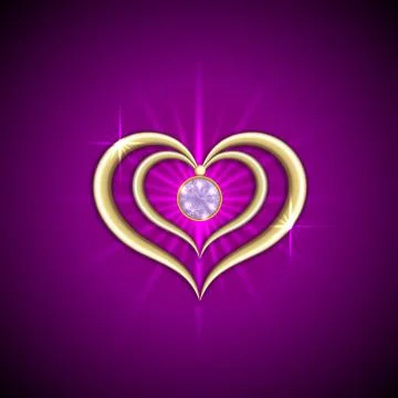Vector abstract bright purple background with golden hearts and gemstone Stock Illustration