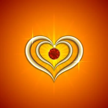 Vector abstract bright red background with golden hearts and gemstone Stock Illustration