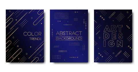 Vector abstract cards collection with geometric golden  elements on dark blue Stock Illustration