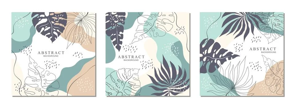 Vector abstract cards set with hand drawn plants and shapes isolated on whi.. Stock Illustration
