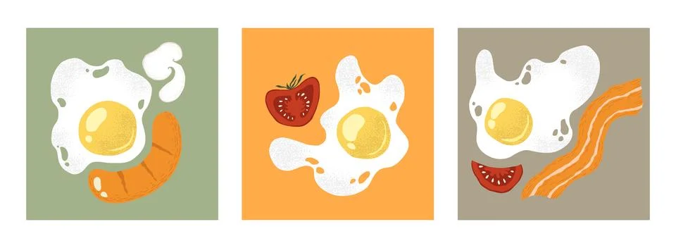 Vector abstract cards set with hand drawn eggs, bacon, sausages, tomatoes i.. Stock Illustration
