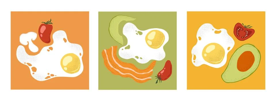 Vector abstract cards set with hand drawn eggs, bacon, avocados, tomatoes i.. Stockillustratie