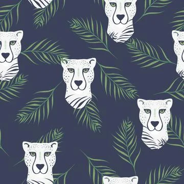 Vector Abstract Cheetah Hiding Behind Palm Leaves seamless pattern background Stock Illustration