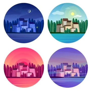 Vector abstract cityscape at different day time. Illustrazione stock