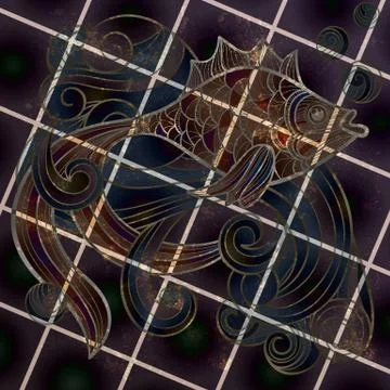 Vector abstract fish on splash of water and bubbles and grungy tile backgroun Stock Illustration
