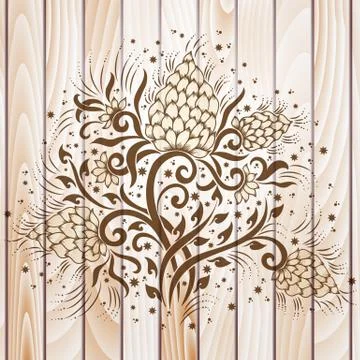 Vector abstract floral elements in Indian mehndi style on wooden background.  Stock Illustration