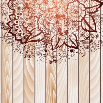 Vector abstract floral elements in Indian mehndi style on wooden background.  Illustrazione stock