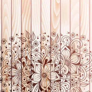Vector abstract floral elements in Indian mehndi style on wooden background.  Stock Illustration