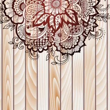 Vector abstract floral elements in Indian mehndi style on wooden background.  Stock Illustration