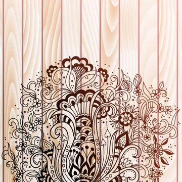 Vector abstract floral elements in Indian mehndi style on wooden background.  Illustrazione stock