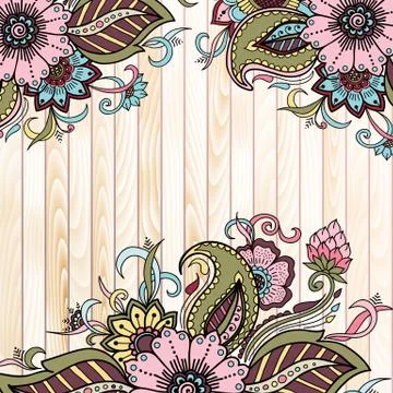Vector abstract floral elements in Indian mehndi style on wooden background.  Illustrazione stock