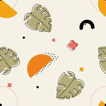 Vector Abstract Geometric Memphis Minimal with Monstera Leaves seamless pattern Stock Illustration