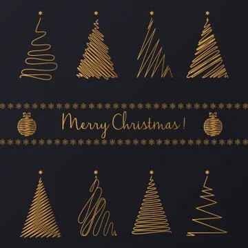 Vector Abstract Hand drawing golden line graphic christmas tree set. Merry Stock Illustration