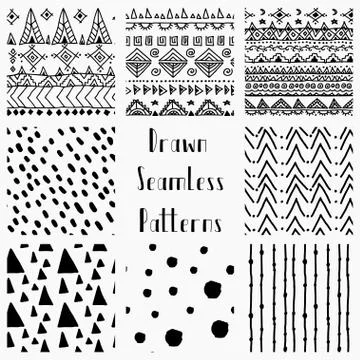 Vector Abstract Hand Drawn Black Seamless Patterns 스톡 일러스트