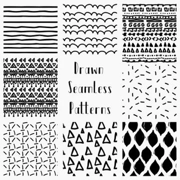 Vector Abstract Hand Drawn Black Seamless Patterns Stock Illustration