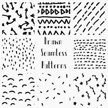 Vector Abstract Hand Drawn Black Seamless Patterns Stock Illustration