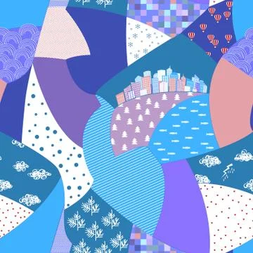 Vector abstract hand drawn seamless patchwork pattern with striped ornaments, Stock Illustration