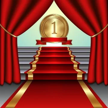 Vector abstract illustration of curtains, red carpet on staircase with  gold Illustrazione stock