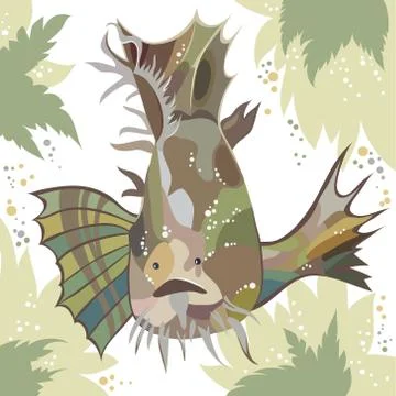 Vector abstract illustration with exotic fish and leaves Stock Illustration