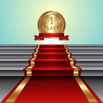 Vector abstract illustration of red carpet on staircase and golden medal with Stock Illustration