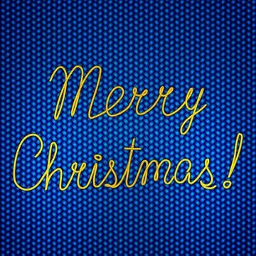 Vector abstract knitted blue background with yellow Merry Christmas embroidery Stock Illustration