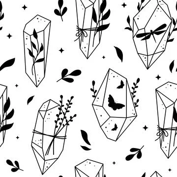 Vector abstract line art celestial floral crystals seamless pattern. Mystic b Stock Illustration