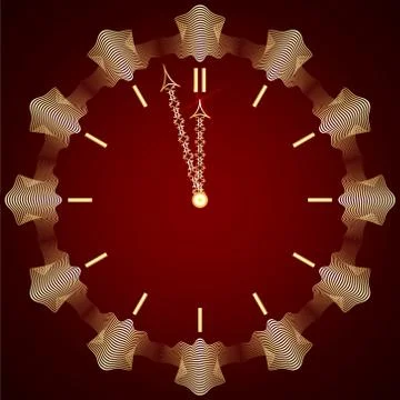 Vector abstract New Year golden clock on dark red background Illustrazione stock