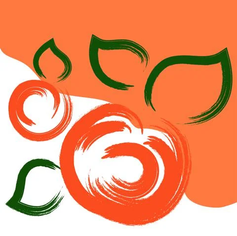 Vector. Abstract oranges, green leaves. Collage with hand-drawn organic shape Stock Illustration