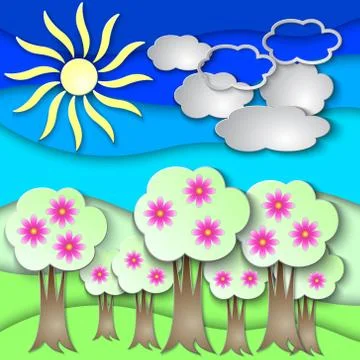 Vector abstract paper collage illustration with spring trees Stock Illustration