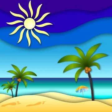 Vector abstract paper collage illustration with sun, sea, beach and parasol Stock Illustration