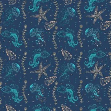 Vector abstract pattern background with marine creatures in indian mehndi sty イラスト素材