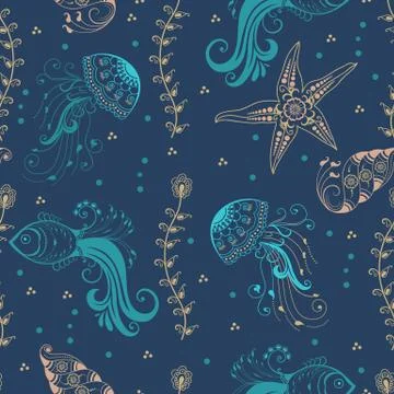 Vector abstract pattern element with marine creatures in indian mehndi style. 스톡 일러스트