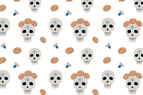 Vector abstract pattern of Sugar Skulls and flowers. Day of the Dead. Dia de los Stock Illustration