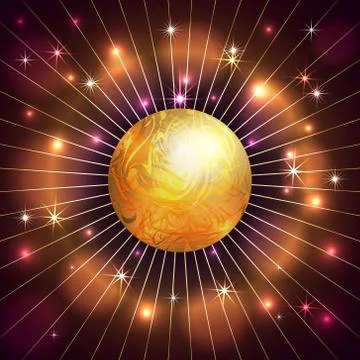 Vector abstract planet, star, rays and fire dark background Stock Illustration