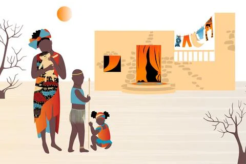 Vector, abstract poster with Cute African children, a girl with a doll, a boy Stock Illustration