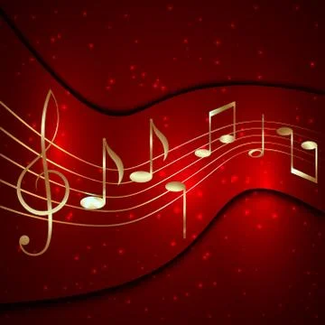 Vector abstract red musical background with golden notes stave and treble clef Stock Illustration