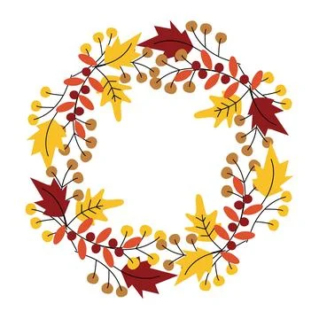 Vector Abstract rounded frame of autumn leaves and twigs in trendy seasonal Stock Illustration