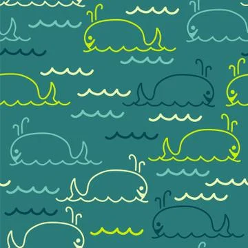 Vector abstract sea background with seamless pattern of cartoon whales Stock Illustration