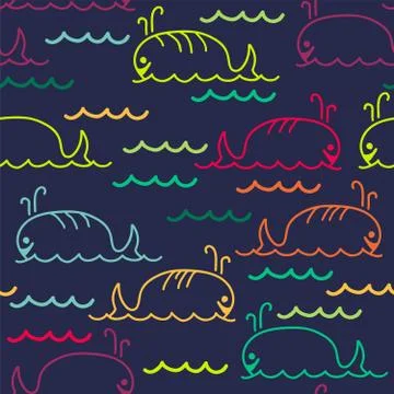 Vector abstract sea background with seamless pattern of cartoon whales Stock Illustration